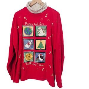 Vtg Christmas Sweater Women 22W Red Turtleneck Peace on Earth Penguin Candy Cane